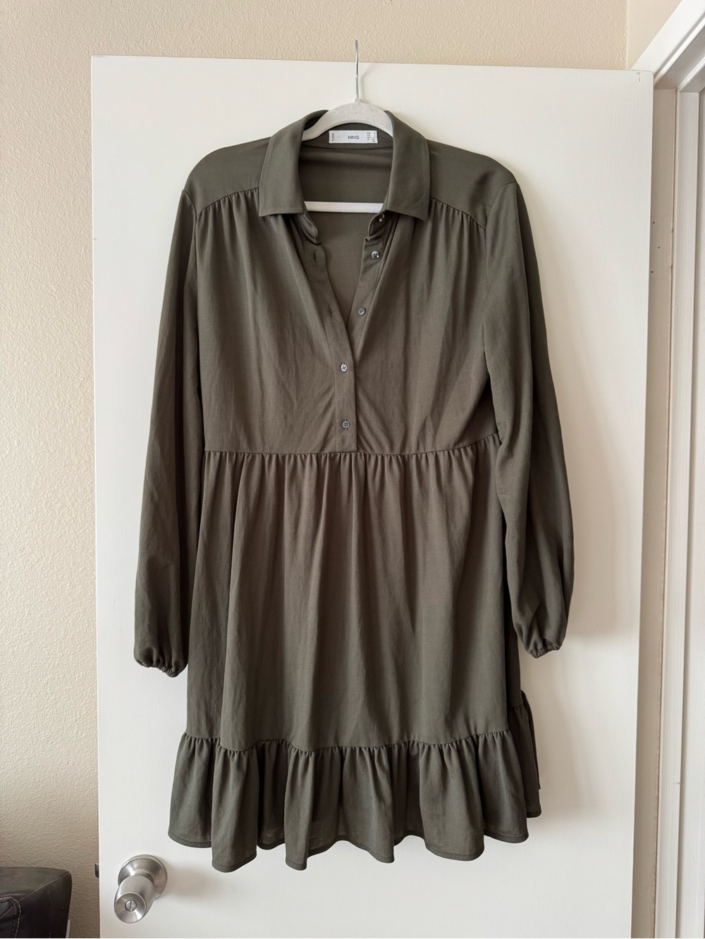 Mango Olive Green Long-Sleeve Tiered Button Dress